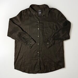 GAP Women Button Up Shirt L Black Linen Boyfriend Shirt Collared